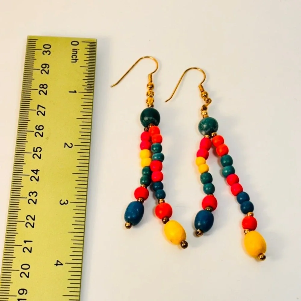 Vintage Wood Bead Dangle Earrings Multicolor Boho Statement Whimsygoth Jewelry